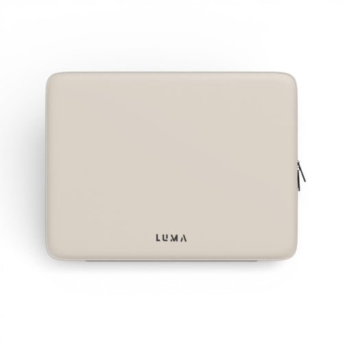 Luma Premium Laptop Sleeve Light Taupe – front view, vegan leather, black back, protective laptop sleeve