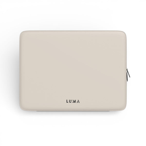 Luma Premium Laptop Sleeve Light Taupe – front view, vegan leather, black back, protective laptop sleeve