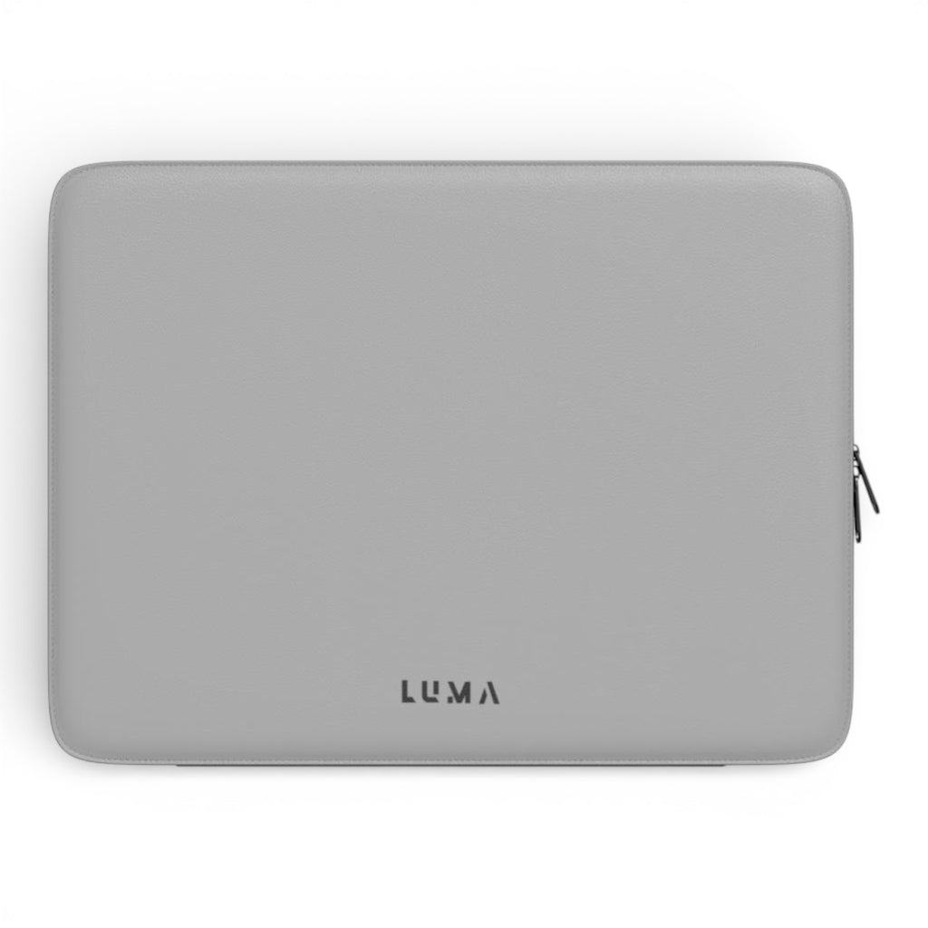 Luma Premium Laptop Sleeve Soft Grey – front view, vegan leather, black back, protective laptop sleeve