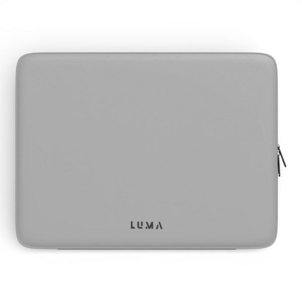 Luma Premium Laptop Sleeve Soft Grey – front view, vegan leather, black back, protective laptop sleeve